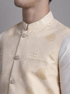 Jompers Men's Cream and Golden Printed Nehru Jacket | Grocsy