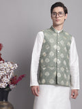 Jompers Men's Green and Golden Printed Nehru Jacket | Grocsy