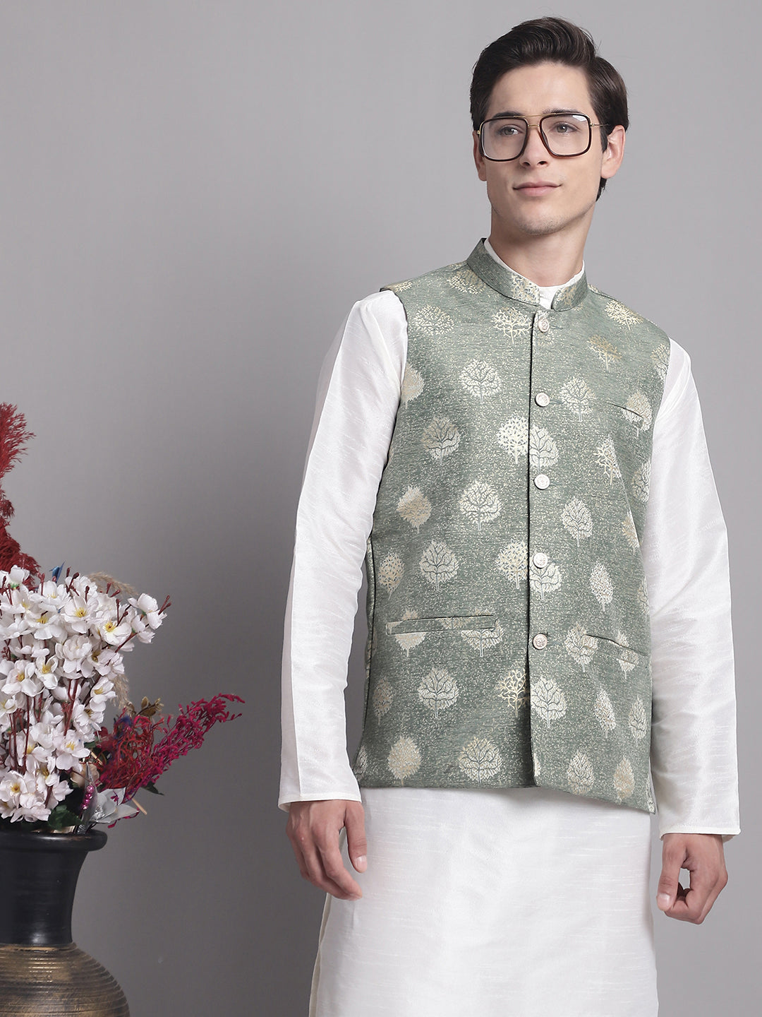 Jompers Men's Green and Golden Printed Nehru Jacket | Grocsy