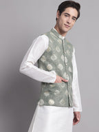 Jompers Men's Green and Golden Printed Nehru Jacket | Grocsy