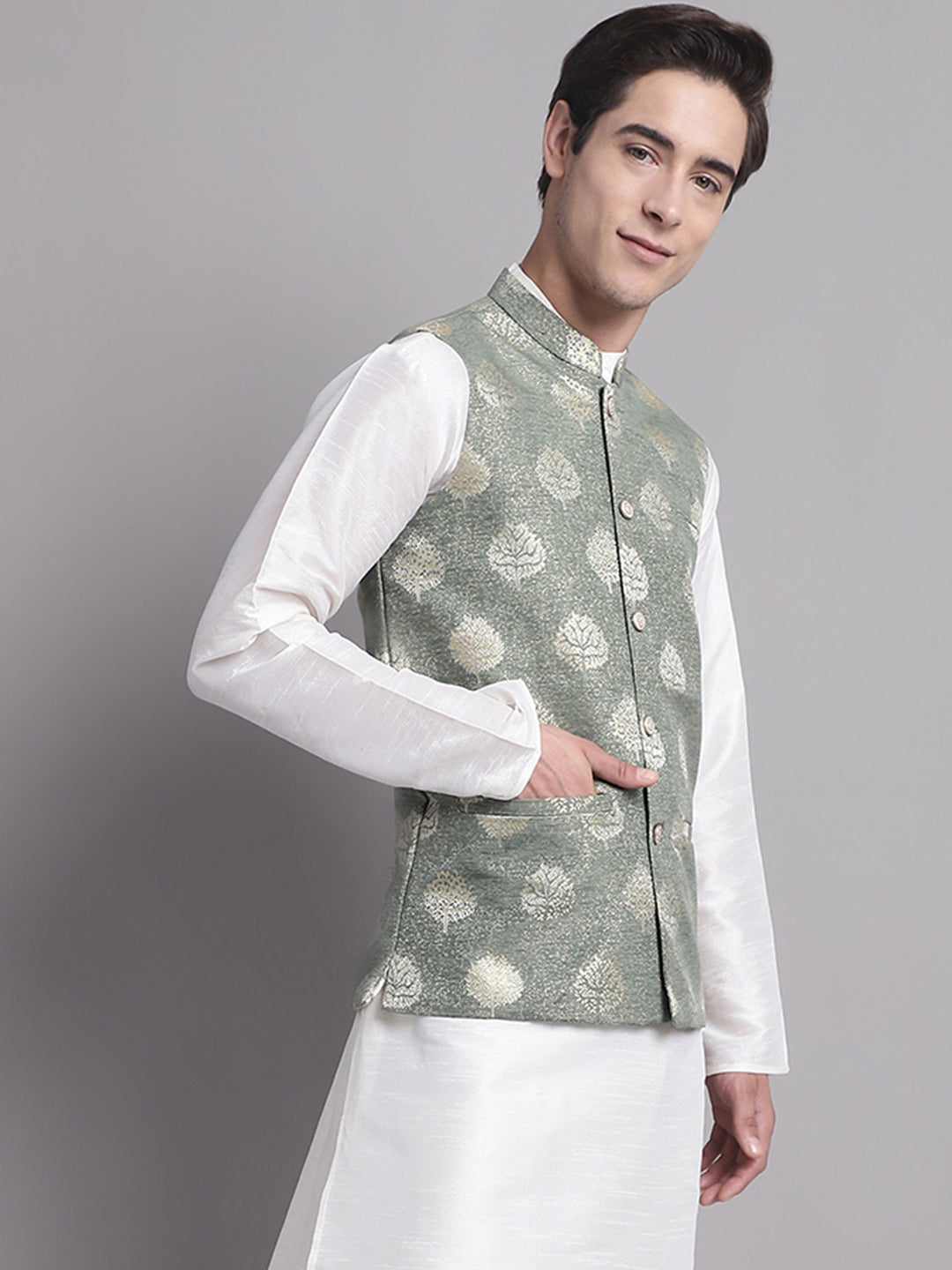 Jompers Men's Green and Golden Printed Nehru Jacket | Grocsy