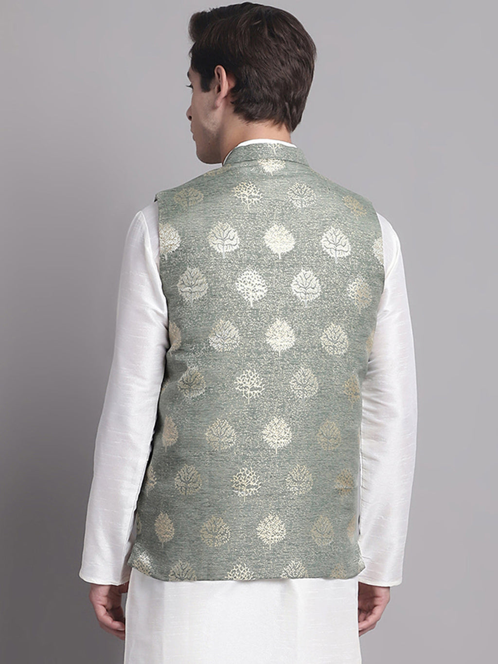 Jompers Men's Green and Golden Printed Nehru Jacket | Grocsy
