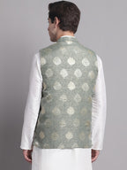 Jompers Men's Green and Golden Printed Nehru Jacket | Grocsy