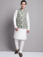 Jompers Men's Green and Golden Printed Nehru Jacket | Grocsy