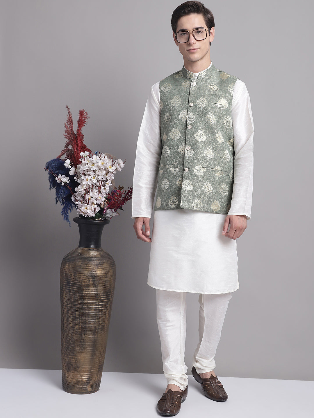 Jompers Men's Green and Golden Printed Nehru Jacket | Grocsy