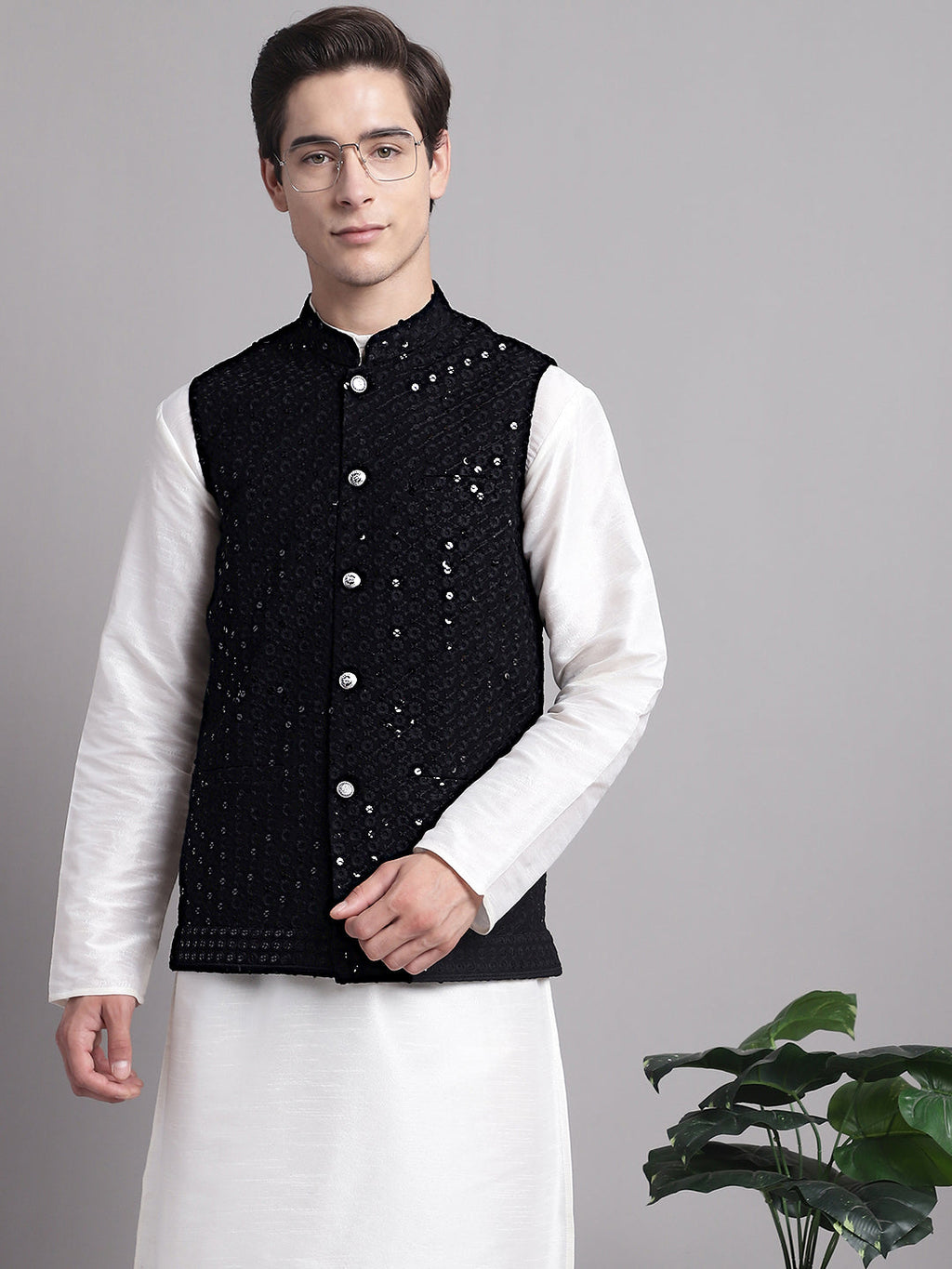 Jompers Men's Black Sequins and Embroidered Nehru Jacket | Grocsy