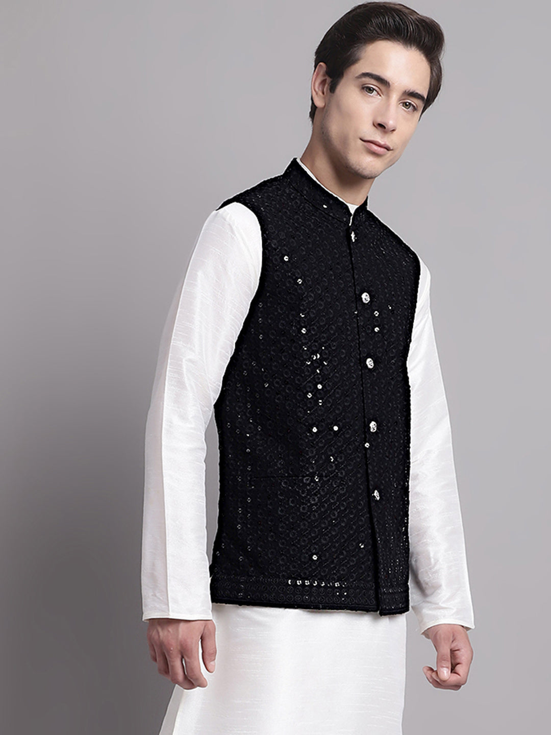 Jompers Men's Black Sequins and Embroidered Nehru Jacket | Grocsy