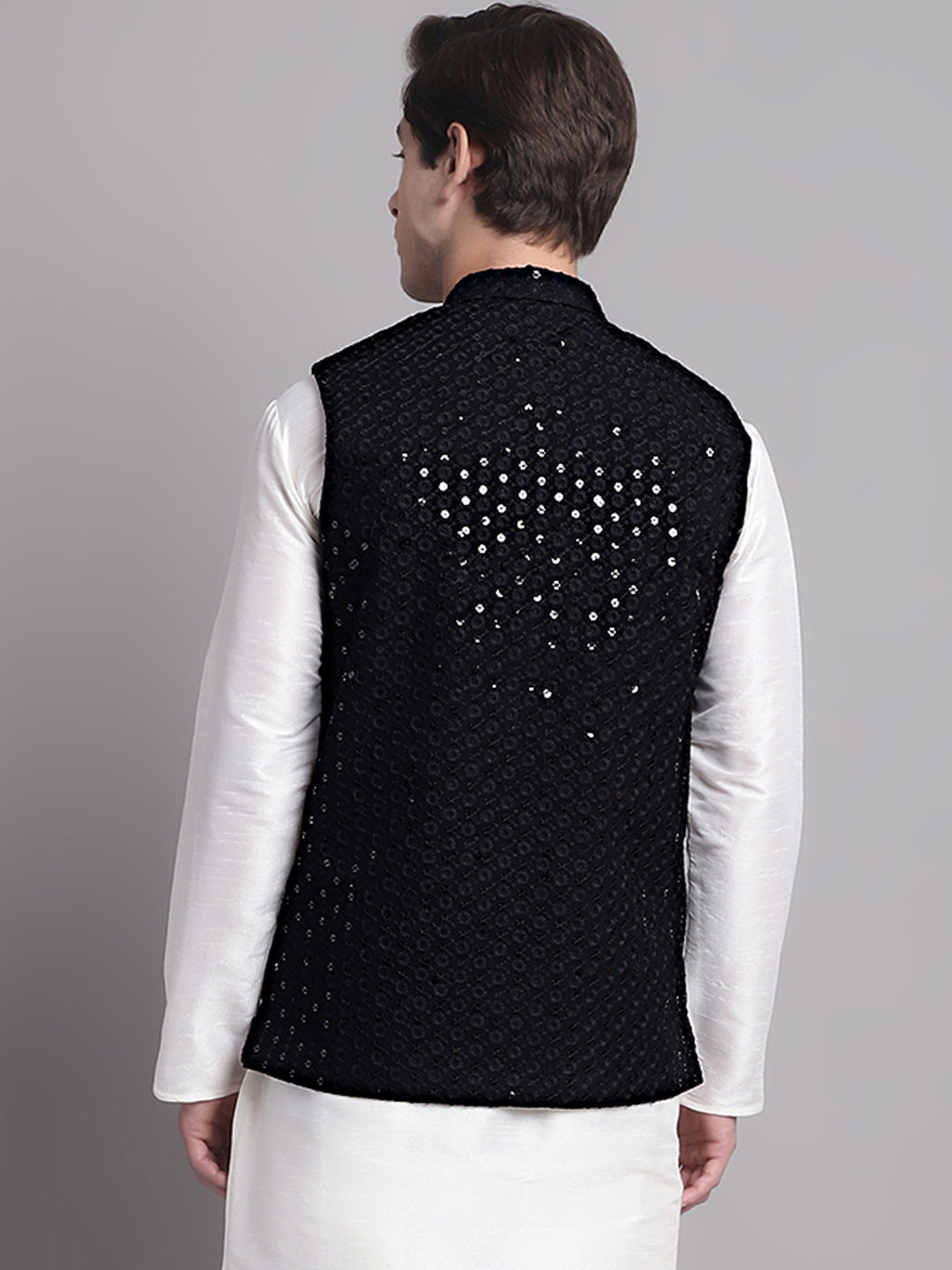 Jompers Men's Black Sequins and Embroidered Nehru Jacket | Grocsy