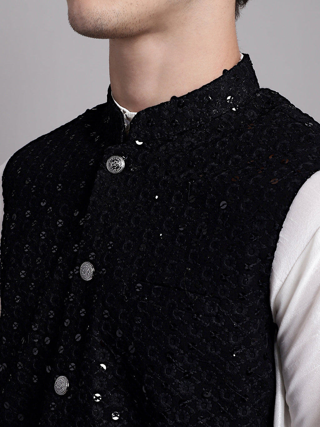 Jompers Men's Black Sequins and Embroidered Nehru Jacket | Grocsy