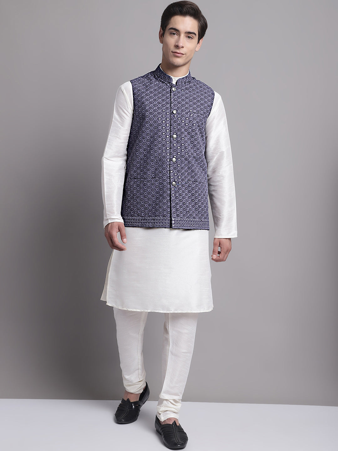 Jompers Men's Grey Sequins and Embroidered Nehru Jacket | Grocsy