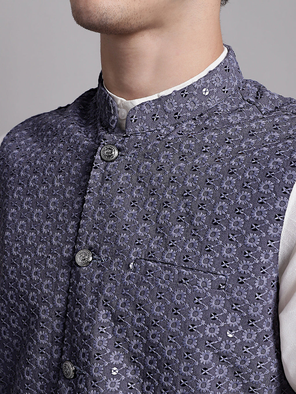 Jompers Men's Grey Sequins and Embroidered Nehru Jacket | Grocsy