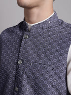 Jompers Men's Grey Sequins and Embroidered Nehru Jacket | Grocsy