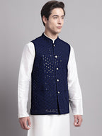 Jompers Men's Navy Blue Sequins and Embroidered Nehru Jacket | Grocsy