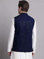 Jompers Men's Navy Blue Sequins and Embroidered Nehru Jacket | Grocsy