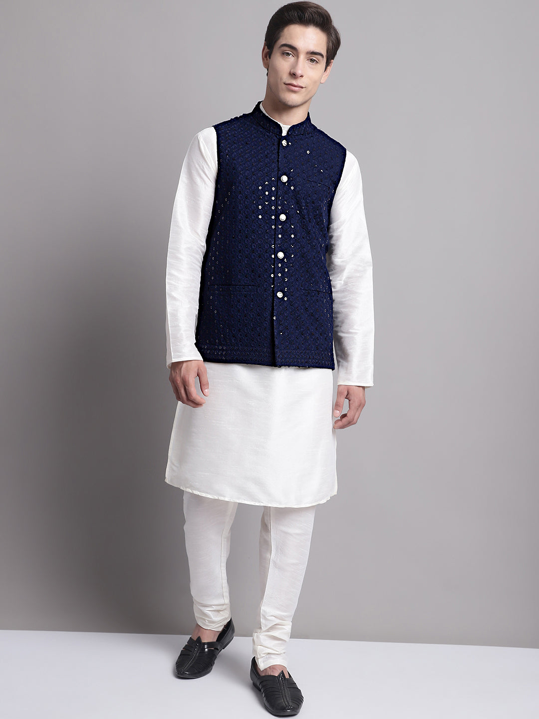 Jompers Men's Navy Blue Sequins and Embroidered Nehru Jacket | Grocsy
