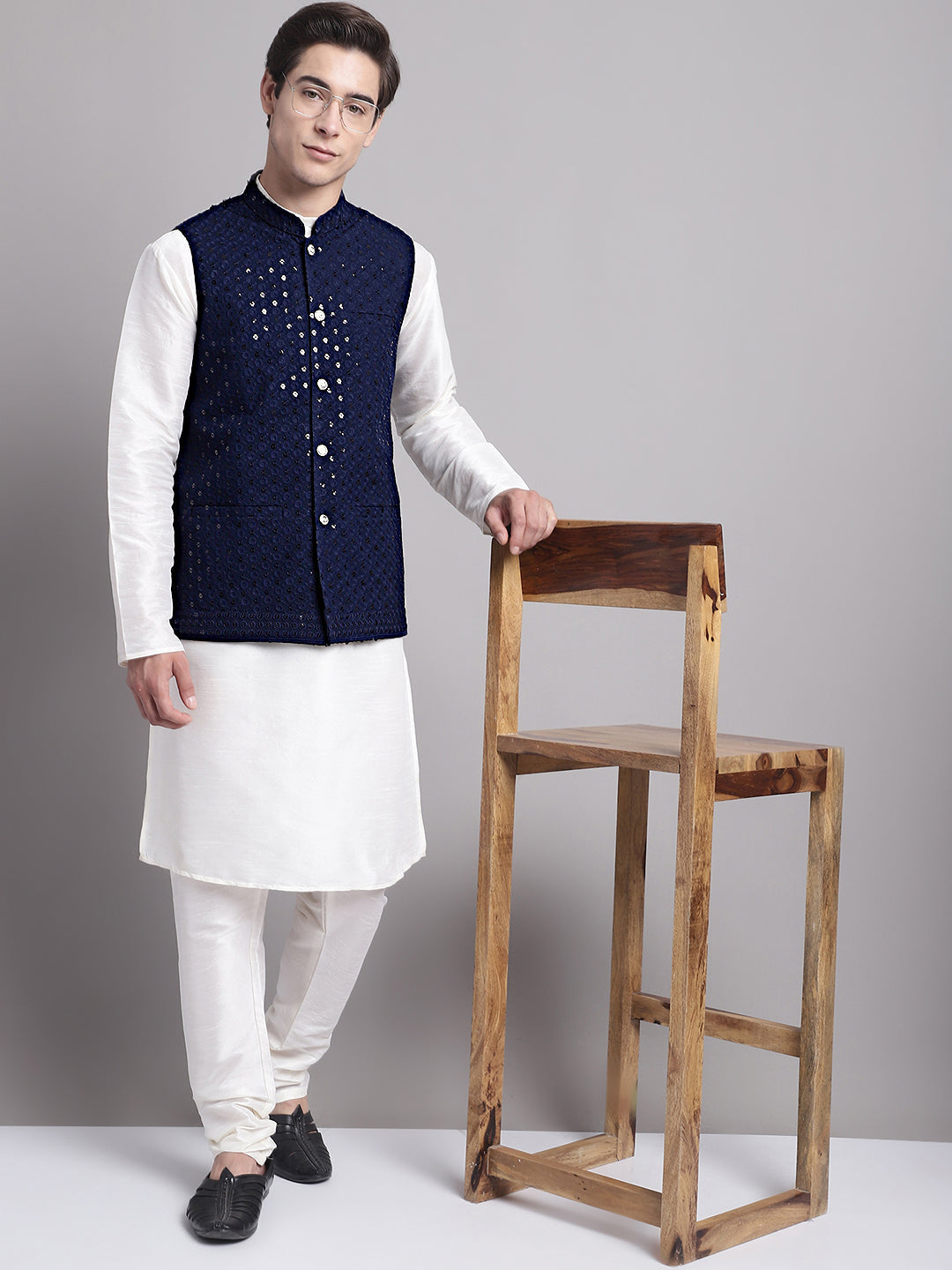 Jompers Men's Navy Blue Sequins and Embroidered Nehru Jacket | Grocsy