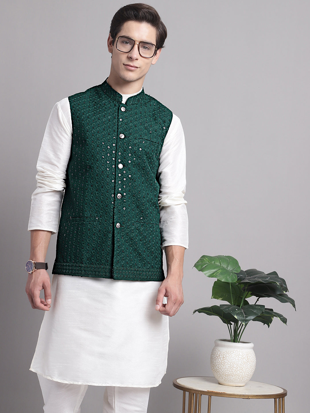 Jompers Men's Olive Green Sequins and Embroidered Nehru Jacket | Grocsy