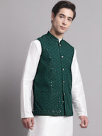 Jompers Men's Olive Green Sequins and Embroidered Nehru Jacket | Grocsy