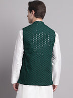 Jompers Men's Olive Green Sequins and Embroidered Nehru Jacket | Grocsy