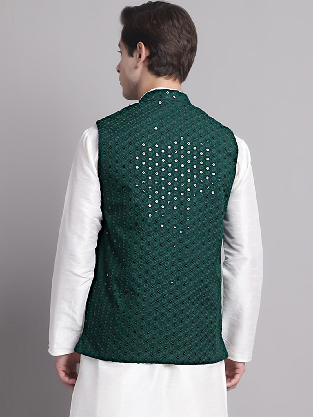 Jompers Men's Olive Green Sequins and Embroidered Nehru Jacket | Grocsy