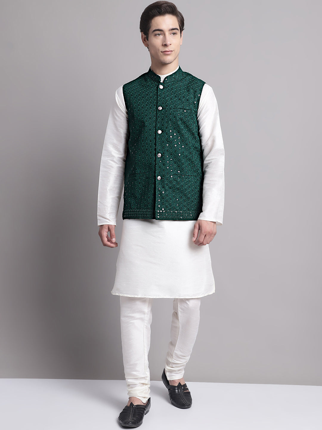 Jompers Men's Olive Green Sequins and Embroidered Nehru Jacket | Grocsy
