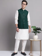 Jompers Men's Olive Green Sequins and Embroidered Nehru Jacket | Grocsy