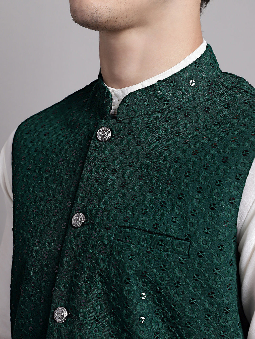 Jompers Men's Olive Green Sequins and Embroidered Nehru Jacket | Grocsy