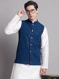 Jompers Men's Peacock Blue Sequins and Embroidered Nehru Jacket | Grocsy