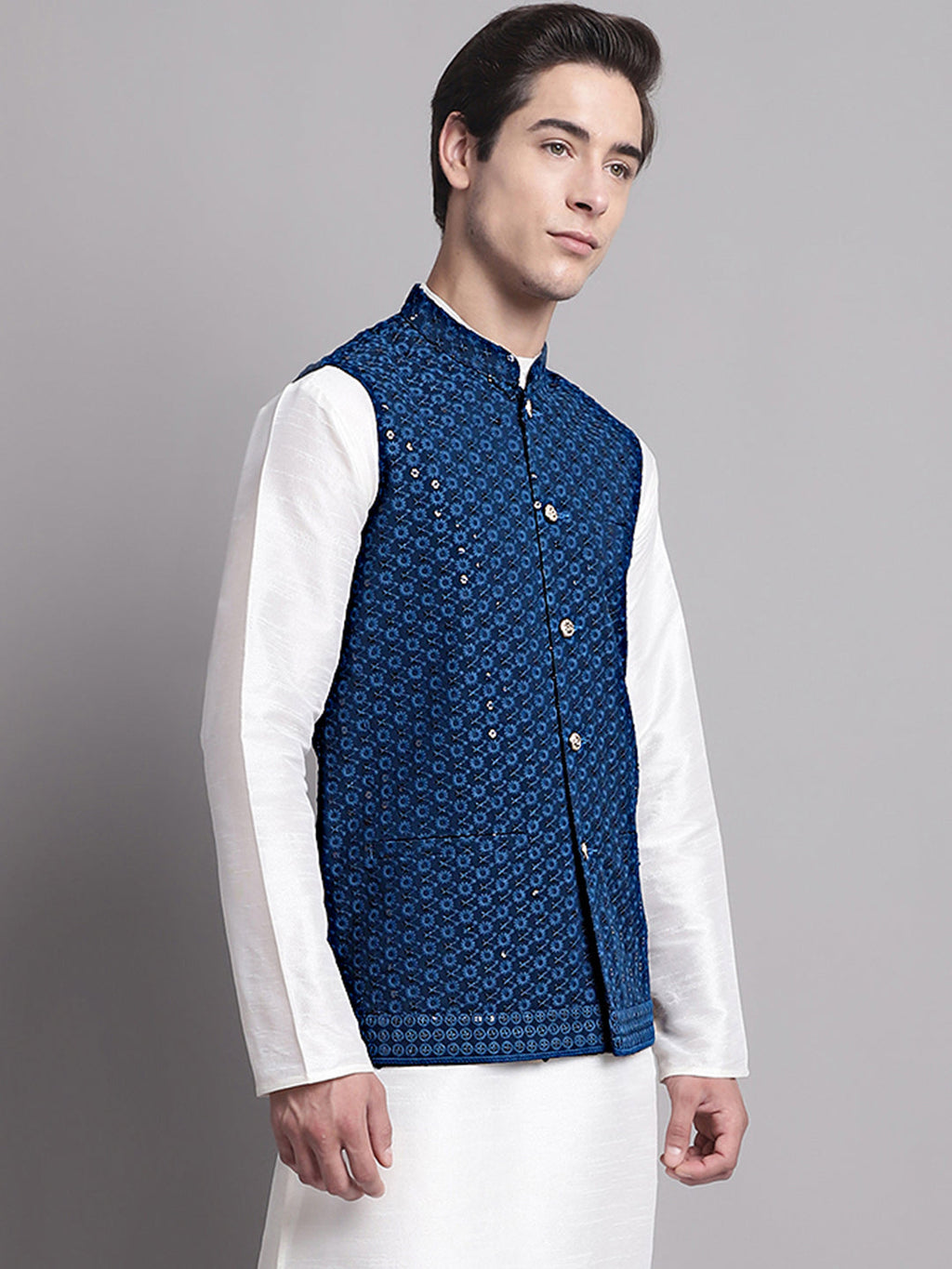 Jompers Men's Peacock Blue Sequins and Embroidered Nehru Jacket | Grocsy