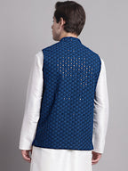 Jompers Men's Peacock Blue Sequins and Embroidered Nehru Jacket | Grocsy