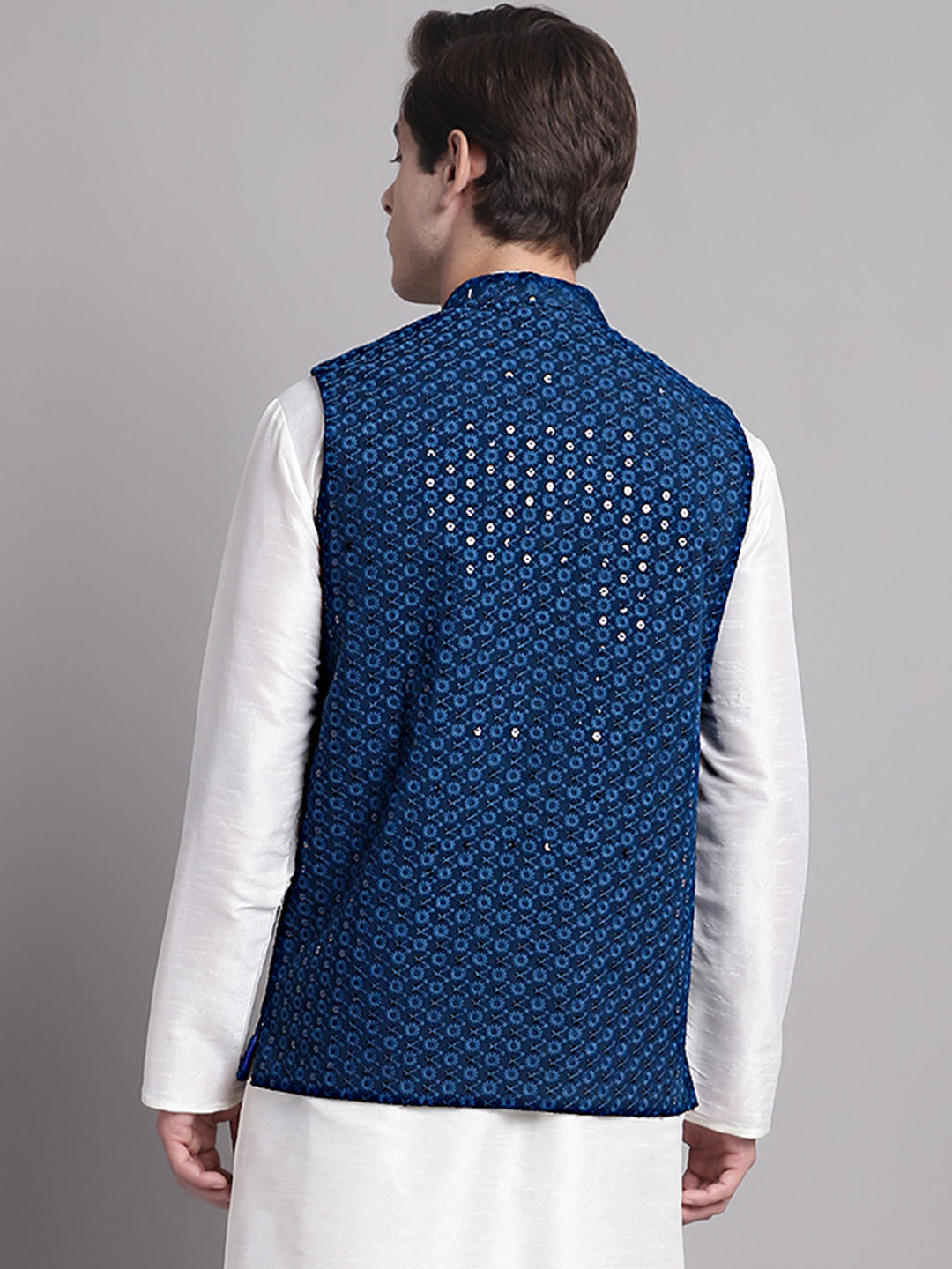 Jompers Men's Peacock Blue Sequins and Embroidered Nehru Jacket | Grocsy