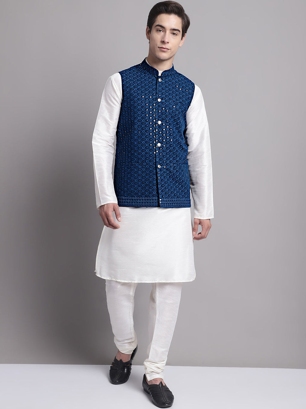 Jompers Men's Peacock Blue Sequins and Embroidered Nehru Jacket | Grocsy