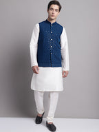 Jompers Men's Peacock Blue Sequins and Embroidered Nehru Jacket | Grocsy