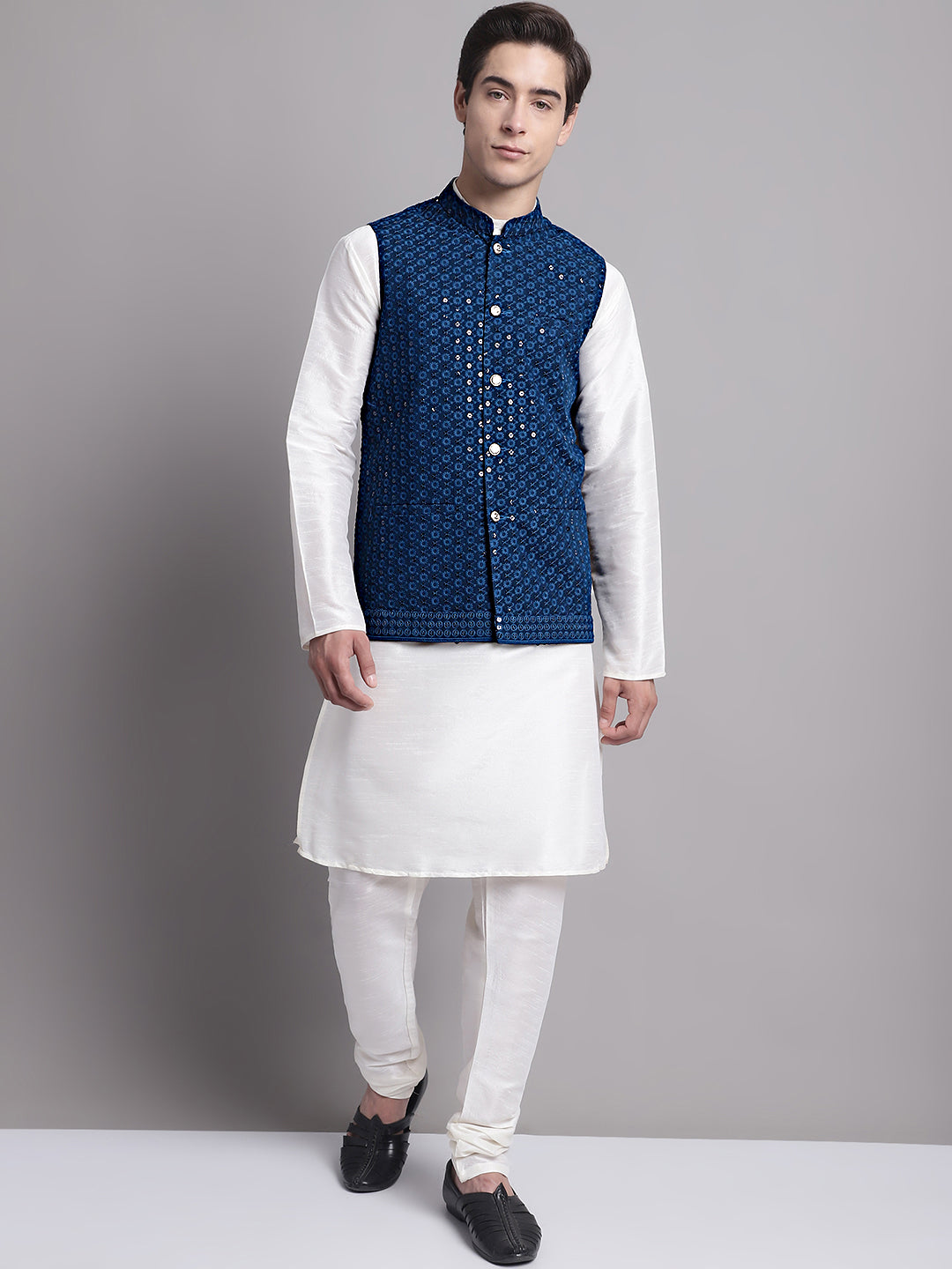 Jompers Men's Peacock Blue Sequins and Embroidered Nehru Jacket | Grocsy