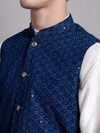 Jompers Men's Peacock Blue Sequins and Embroidered Nehru Jacket | Grocsy