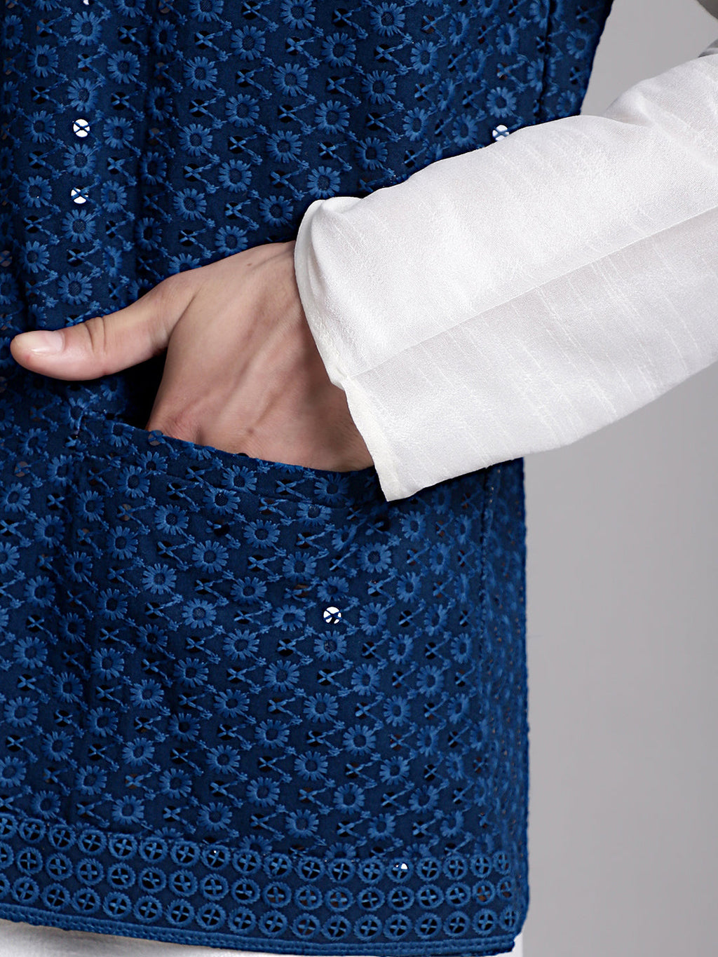 Jompers Men's Peacock Blue Sequins and Embroidered Nehru Jacket | Grocsy