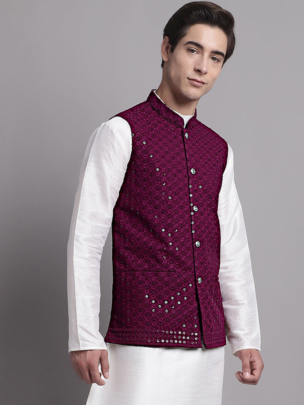 Jompers Men's Purple Sequins and Embroidered Nehru Jacket | Grocsy