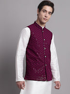 Jompers Men's Purple Sequins and Embroidered Nehru Jacket | Grocsy