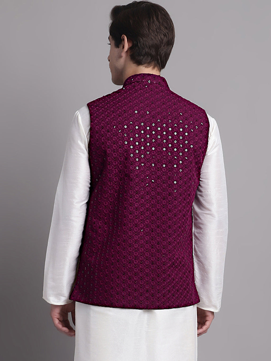 Jompers Men's Purple Sequins and Embroidered Nehru Jacket | Grocsy