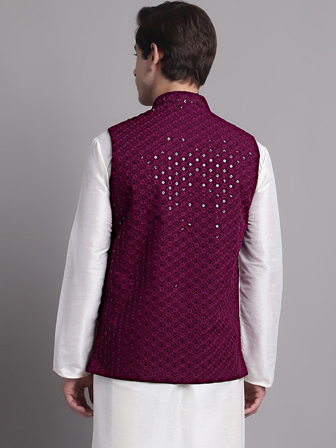 Jompers Men's Purple Sequins and Embroidered Nehru Jacket | Grocsy