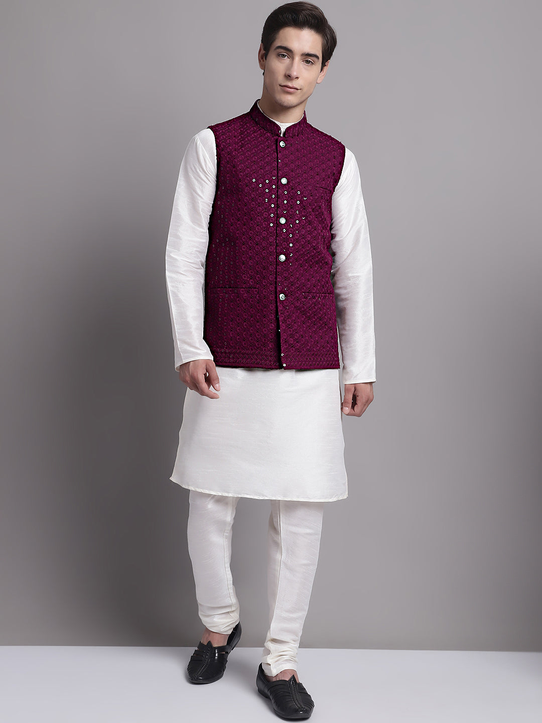 Jompers Men's Purple Sequins and Embroidered Nehru Jacket | Grocsy
