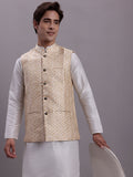 Jompers Men's Cream Woven Design Nehru Jacket With Solid Kurta Pyjama | Grocsy