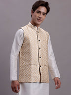Jompers Men's Cream Woven Design Nehru Jacket With Solid Kurta Pyjama | Grocsy