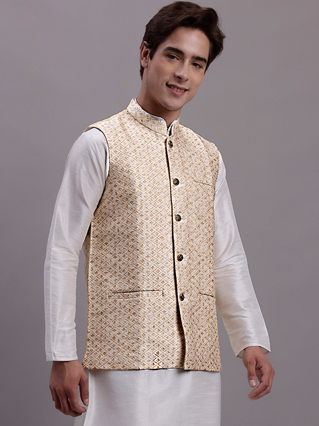 Jompers Men's Cream Woven Design Nehru Jacket With Solid Kurta Pyjama | Grocsy