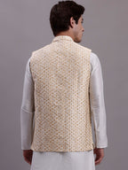 Jompers Men's Cream Woven Design Nehru Jacket With Solid Kurta Pyjama | Grocsy