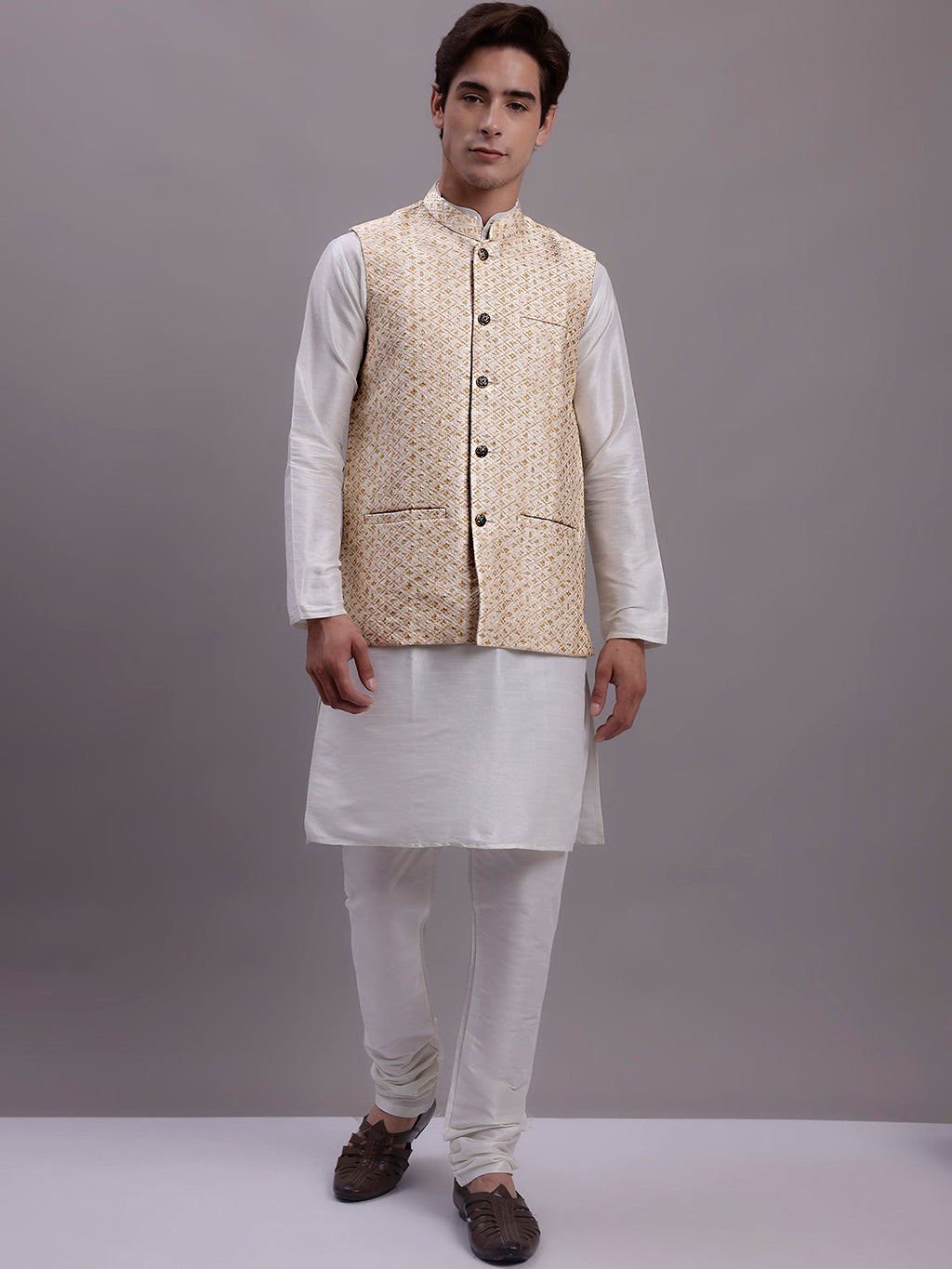 Jompers Men's Cream Woven Design Nehru Jacket With Solid Kurta Pyjama | Grocsy