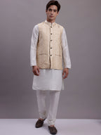 Jompers Men's Cream Woven Design Nehru Jacket With Solid Kurta Pyjama | Grocsy