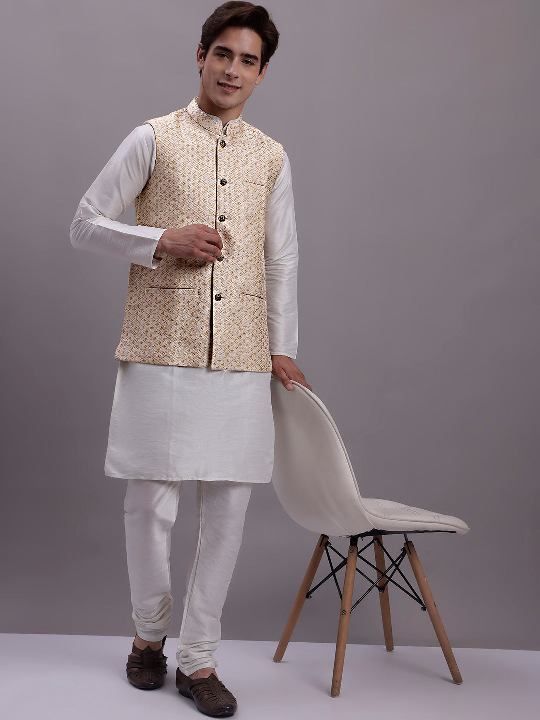 Jompers Men's Cream Woven Design Nehru Jacket With Solid Kurta Pyjama | Grocsy