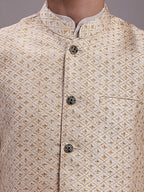 Jompers Men's Cream Woven Design Nehru Jacket With Solid Kurta Pyjama | Grocsy