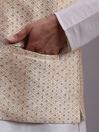 Jompers Men's Cream Woven Design Nehru Jacket With Solid Kurta Pyjama | Grocsy